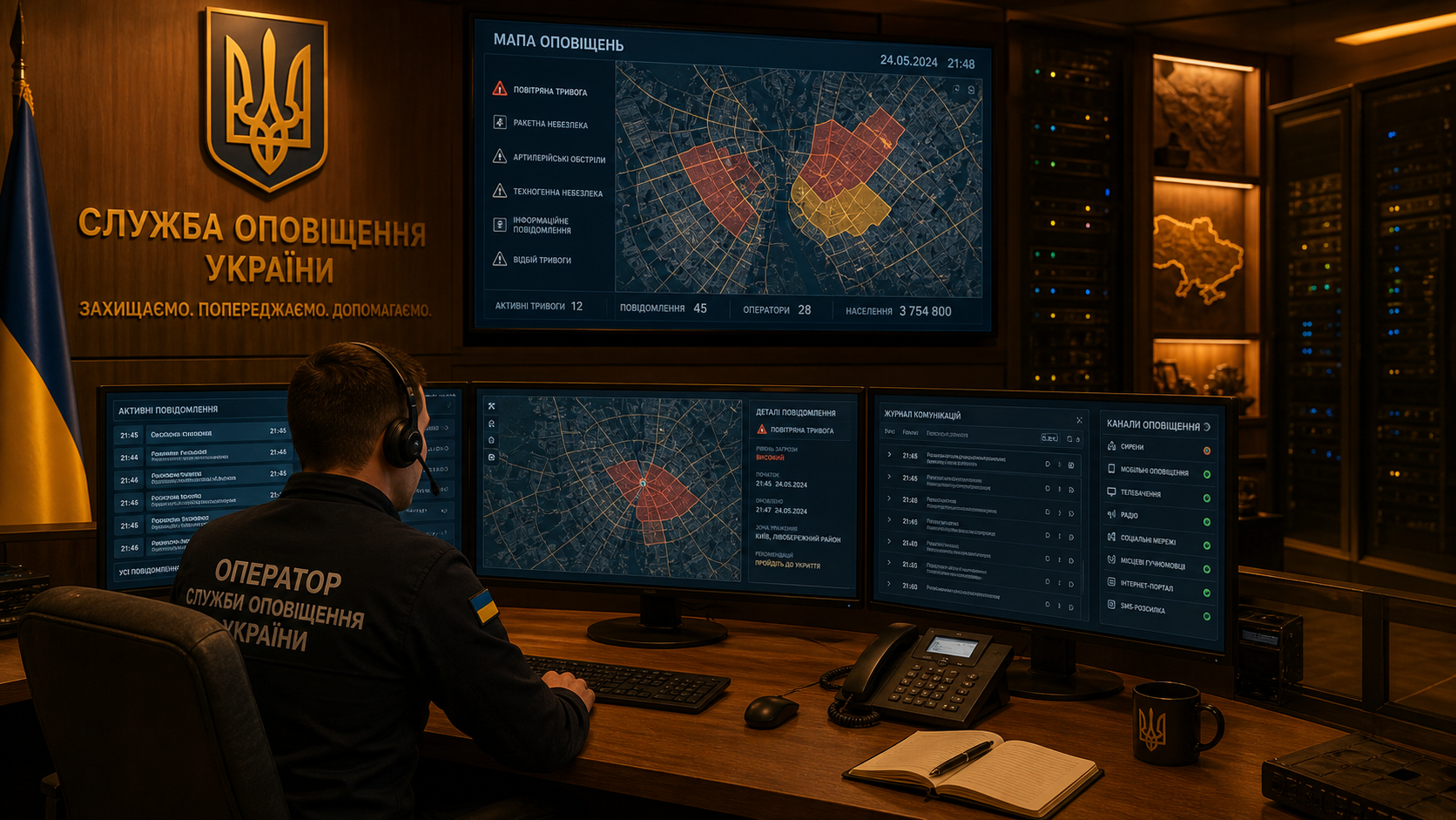 Оператор центру управління Legion моніторить стан системи оповіщення на карті міста